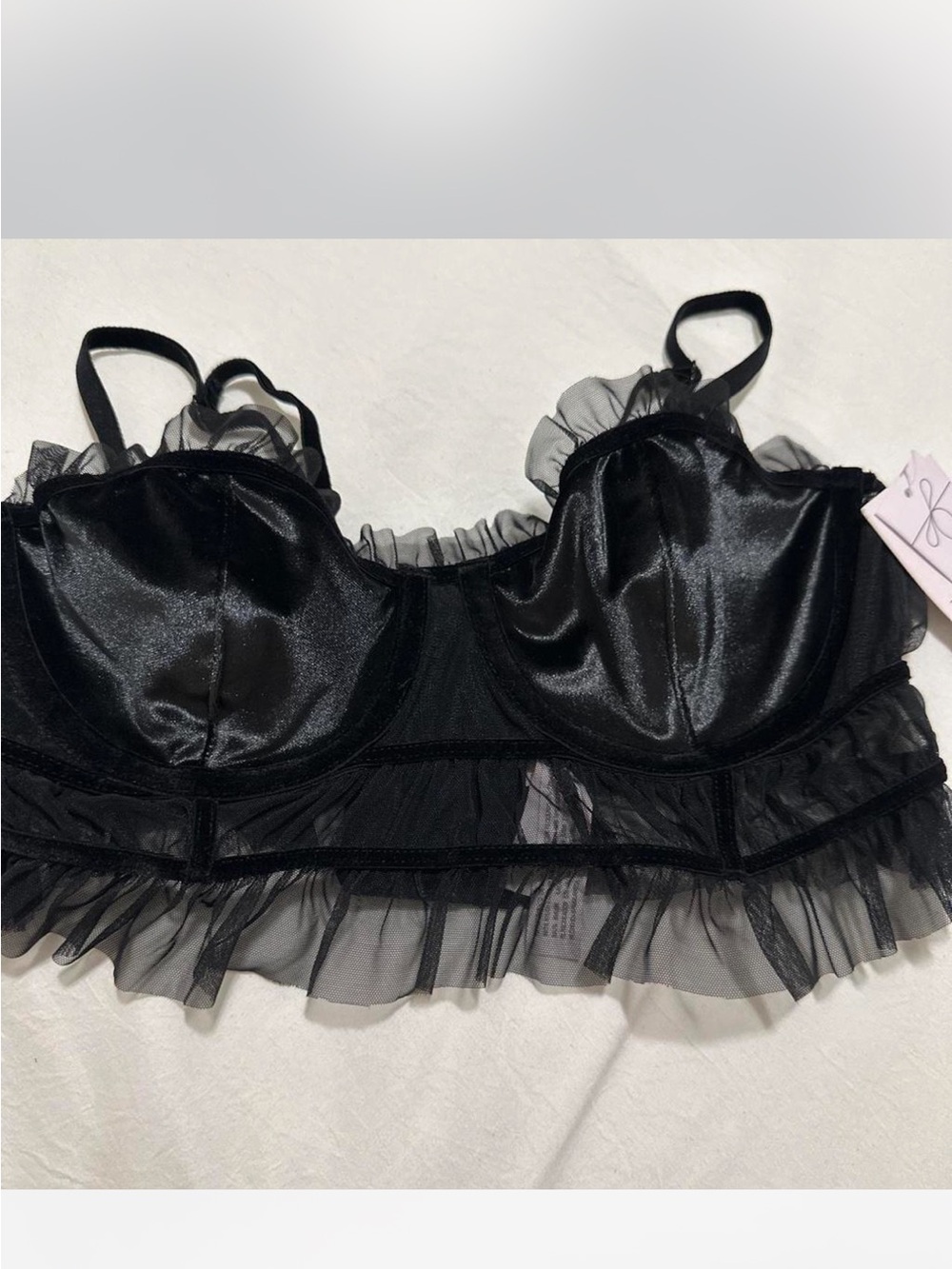 Auden Black Satin & Ruffle Longline Bralette